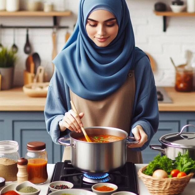 woman in a blue hijab stirring a pot