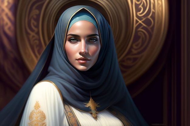 A woman in a blue hijab with a gold frame