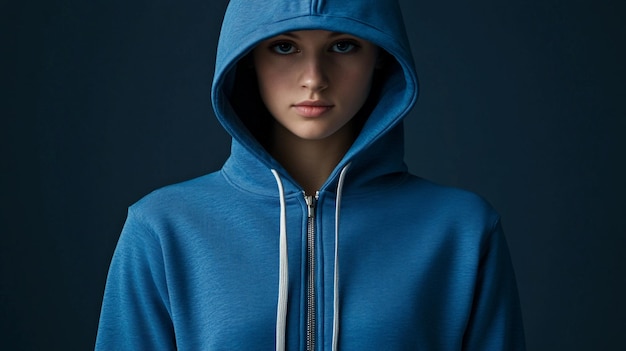 Photo a woman in a blue hoodie with a white zipper