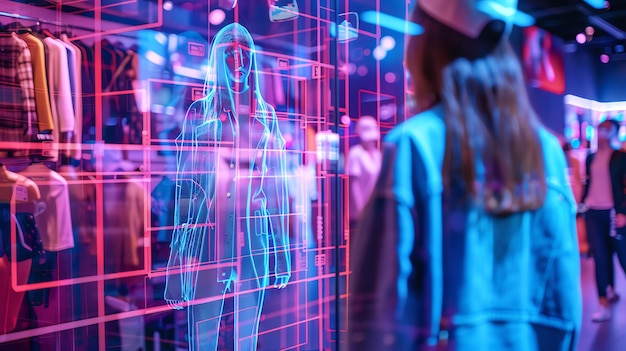 Photo a woman in a blue jacket looks at a digital display in a store window the display shows a hologram of a person wearing a pink jacket