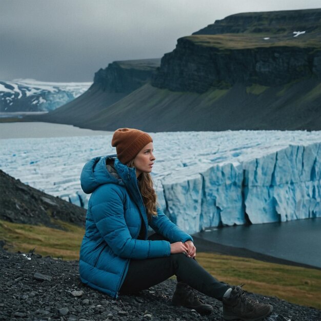 Photo a woman in a blue jacket sits in front of a glacier