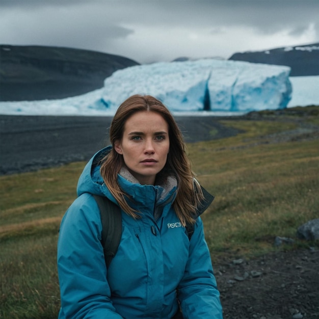 a woman in a blue jacket sits in front of a glacier