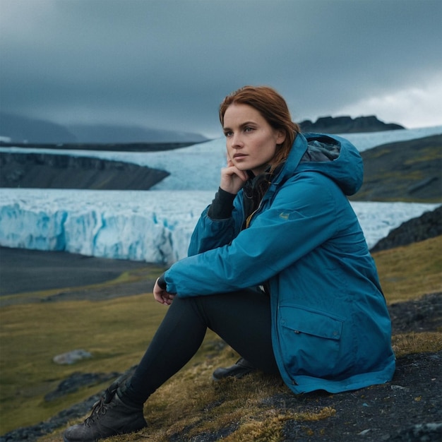 Photo a woman in a blue jacket sits on a mountain with icebergs in the background