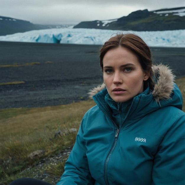 a woman in a blue jacket with the word quot t on it