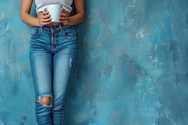 Photo woman in blue jeans holding a cup of coffee