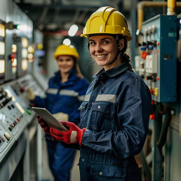 a woman in a blue jumpsuit is looking at a tablet in a factory