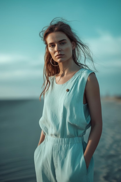 A woman in a blue jumpsuit stands on a beach.