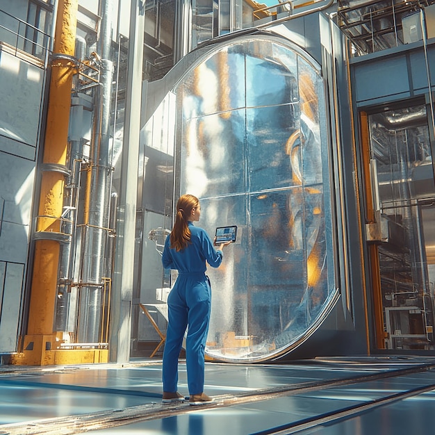 a woman in a blue jumpsuit stands in front of a large glass bubble