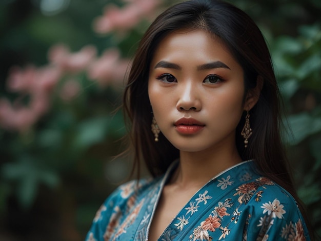 Photo a woman in a blue kimono with a blue floral print on the front