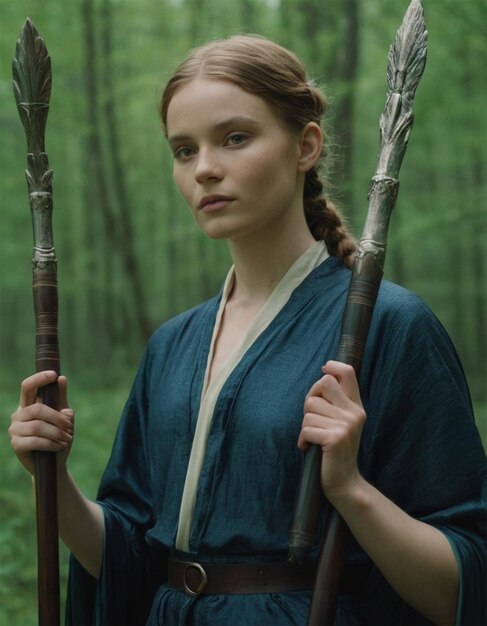 a woman in a blue kimono with a long stick in her hand