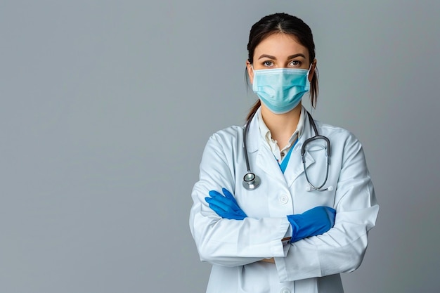 a woman in a blue mask with a stethoscope on her chest