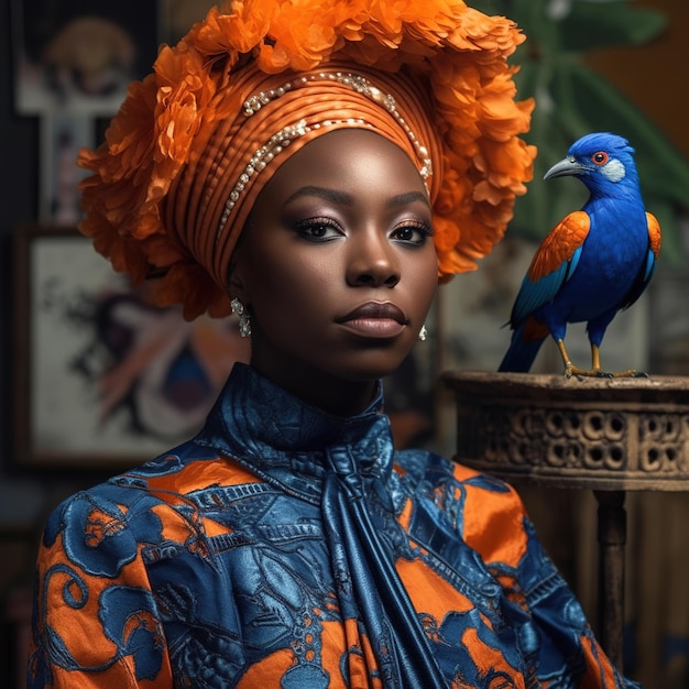 A woman in a blue and orange dress with a blue bird next to her