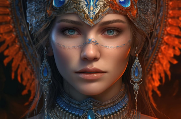 Woman blue orange jewelry Skin face Generate Ai