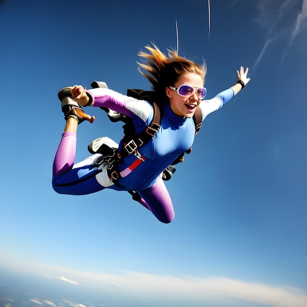 a woman in a blue and purple outfit is flying in the sky