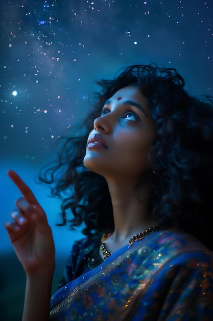 Photo woman in blue sari looking up at glittering lights