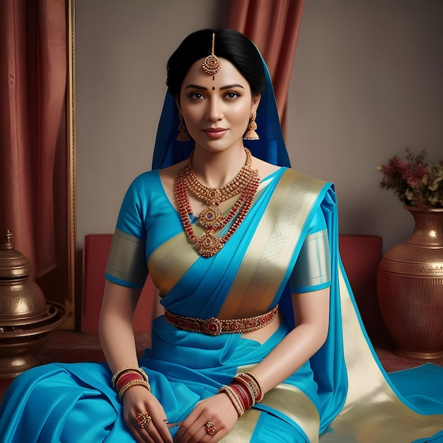 A woman in a blue sari sits on a couch