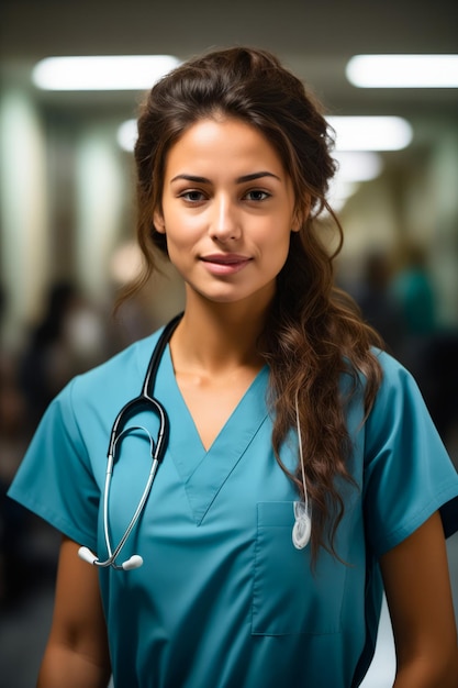 Woman in blue scrub suit with stethoscope Generative AI