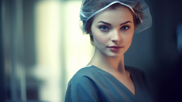 A woman in blue scrubs and a cap stands in a dark room.