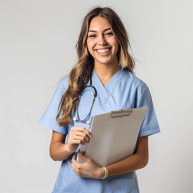 a woman in a blue scrubs holds a clipboard with a clipboard in her hand