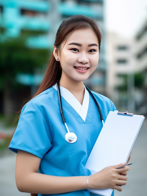 A woman in blue scrubs holds a clipboard with a stethoscope around her neck.