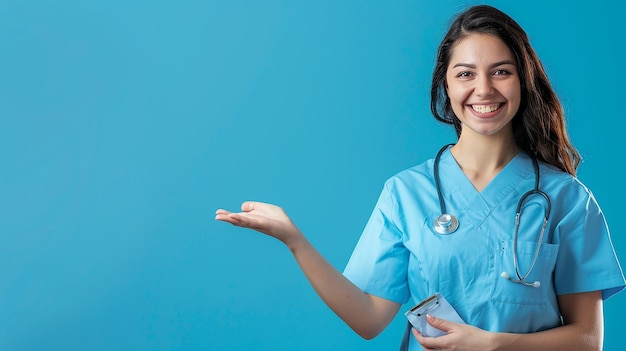 a woman in a blue scrubs holds a spoon in her hand