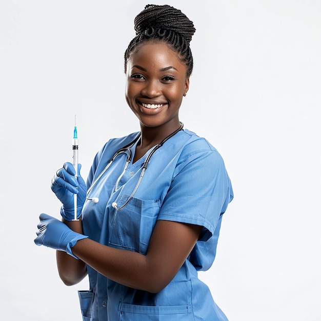 a woman in blue scrubs holds a syringe