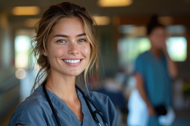 Photo a woman in a blue scrubs is smiling and posing for a picture