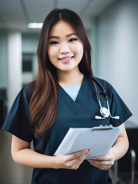 A woman in a blue scrubs smiles at the camera.