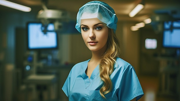 A woman in blue scrubs stands in a dark room with a monitor in the background.