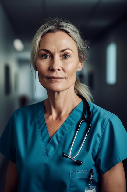 A woman in a blue scrubs stands in a hallway with a stethoscope around her neck.