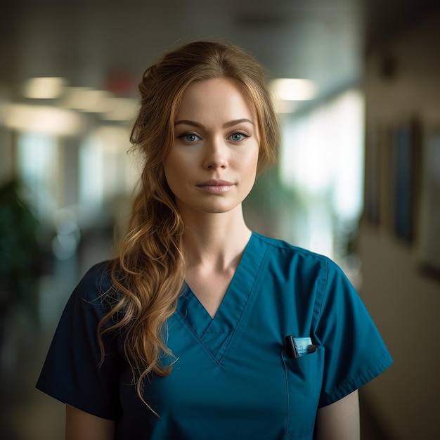 A woman in a blue scrubs stands in a hallway.