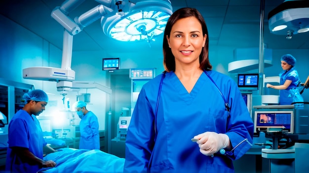 a woman in blue scrubs stands in a hospital room with a remote control in her hand