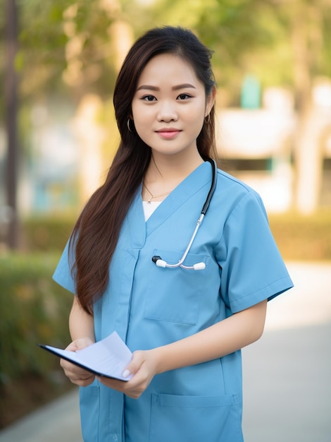 A woman in a blue scrubs and a stethoscope is standing outside.