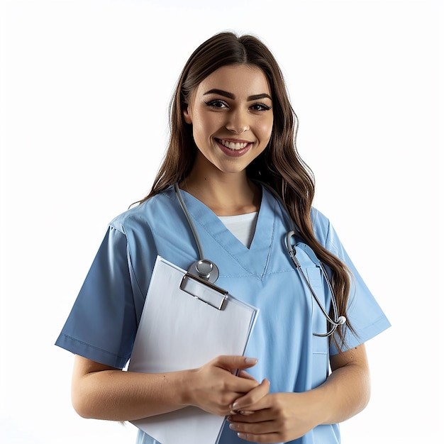 a woman in a blue scrubs with a clipboard in her hand