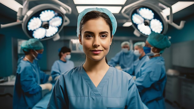 Photo a woman in a blue scrubs with the words medical on the face