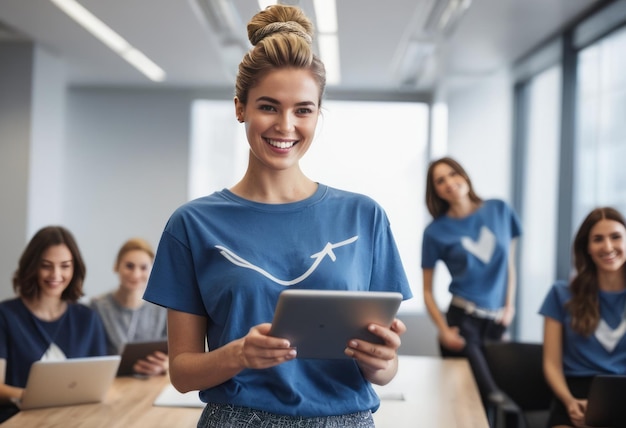 A woman in a blue shirt holds a tablet her smile radiating confidence her team in the blurred