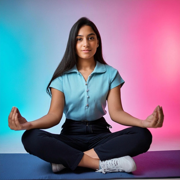 a woman in a blue shirt is doing yoga with her hands in the air