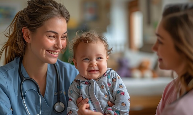 Photo a woman in a blue shirt is holding a baby and smiling