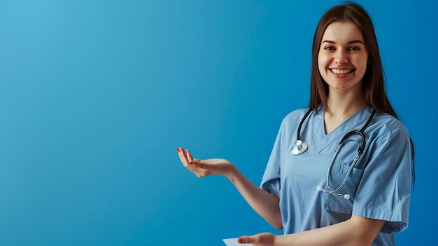 a woman in a blue shirt is holding a stethoscope