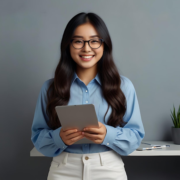 a woman in a blue shirt is holding a tablet and smiling