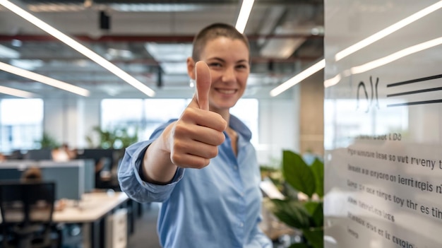 a woman in a blue shirt is pointing at a camera