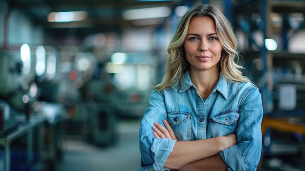 A woman in a blue shirt is standing in a factory