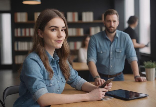 Woman in blue shirt at library table looking focused blurred male colleague in background