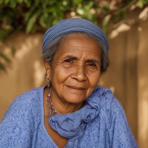 A woman in a blue shirt sits in front of a tree.