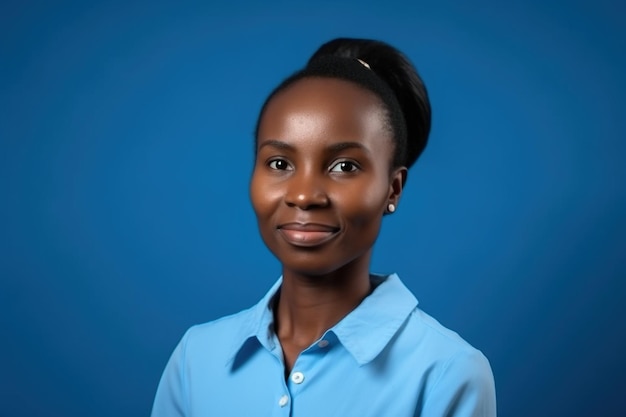 A woman in a blue shirt smiles in front of a blue background.