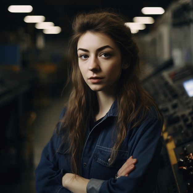 A woman in a blue shirt stands in a factory with her arms crossed.