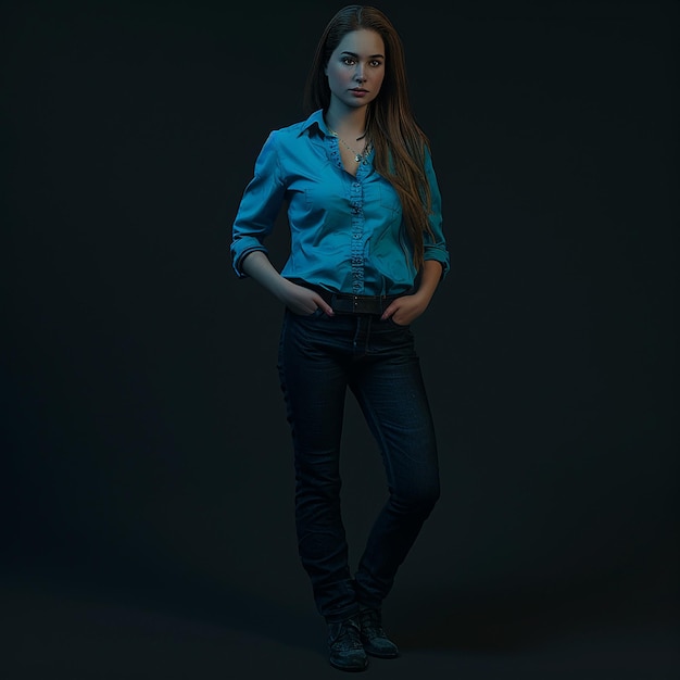 a woman in a blue shirt stands in front of a black background