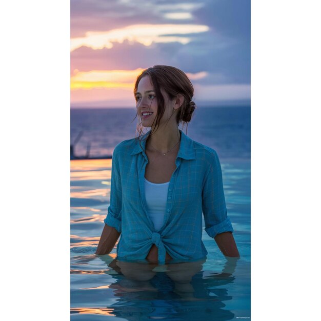 Photo a woman in a blue shirt in water with the sun setting behind her