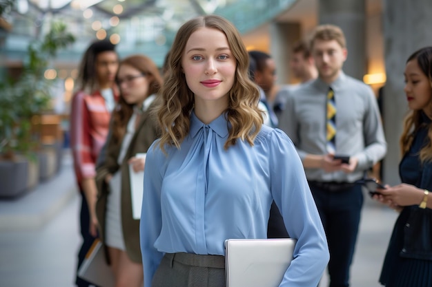 Photo a woman in a blue shirt with a pen in her hand