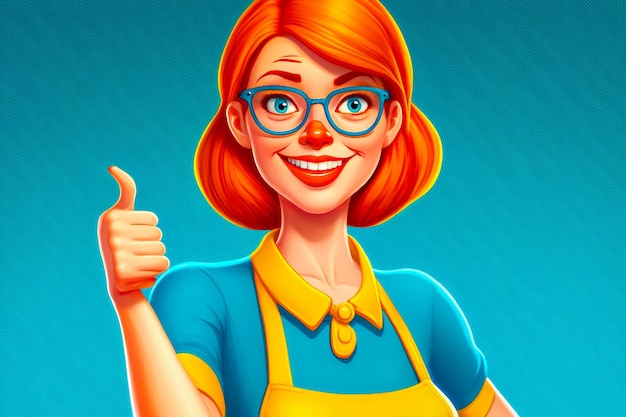 Woman in blue shirt and yellow apron holding up thumbs up Generative AI